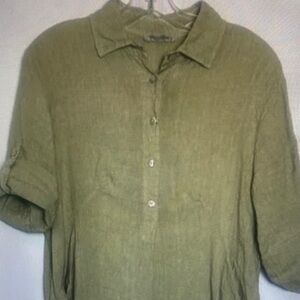 Elena Baldi Made in ltaly Linen Tunic Dress Shirt Khaki Green Size S Vacation